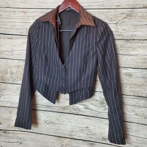Pinstripe Cropped Blazer with Contrasting Collar - Black